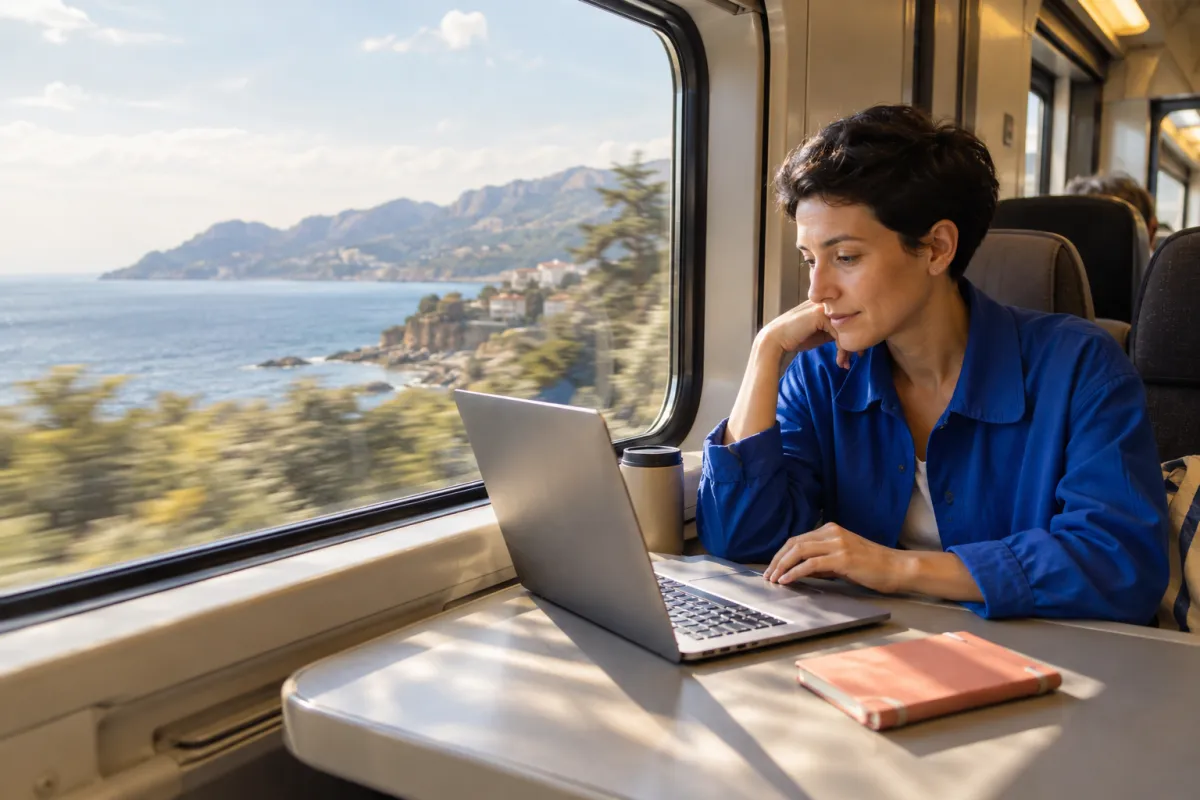 Eine Frau arbeitet am Laptop am Zugfenster